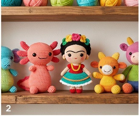 Collection of handmade amigurumi dolls: axolotl, Frida Kahlo, and cute animal companions