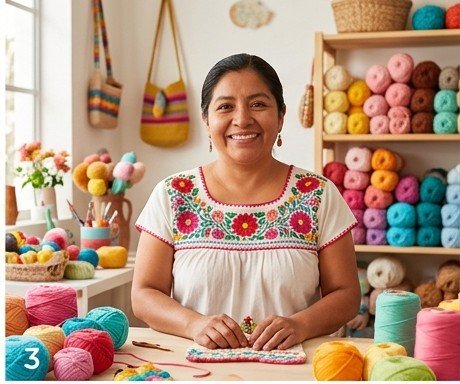 Artisan smiling warmly in her workshop in Jalisco surrounded by colorful yarn spools
