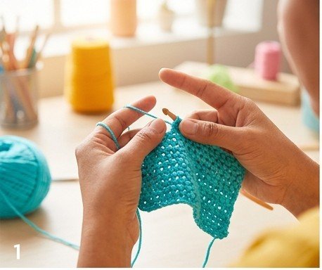 Hands crocheting customized yarn project stitch by stitch