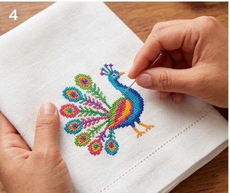Handcrafted Mexican peacock embroidery on natural linen